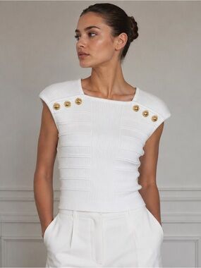 Balmain White Ribbed Knit Top Gold Lion Stud Buttons Size L